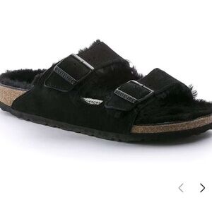 Birkenstock Black Furry Double Buckle Slide